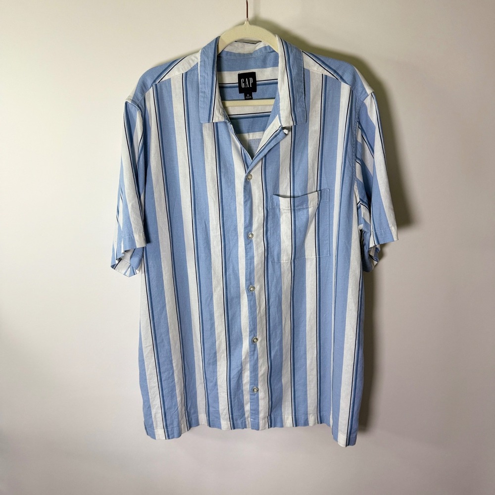 Gap Mens XL Short Sleeve Linen Blend Striped Button Down Shirt Blue White
